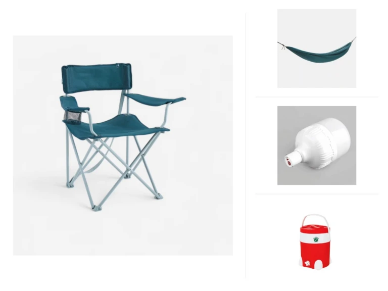 Pack Chill & Sunset — contenu réel : 2× Chaise de camping avec accoudoir, 1× Hamac de camping 2 Personne, 1× Lampe de Camping LED – Blanc, 1× Glacière, 1× Tbarbicha | تبربيشة – Jeu de cartes tunisien original