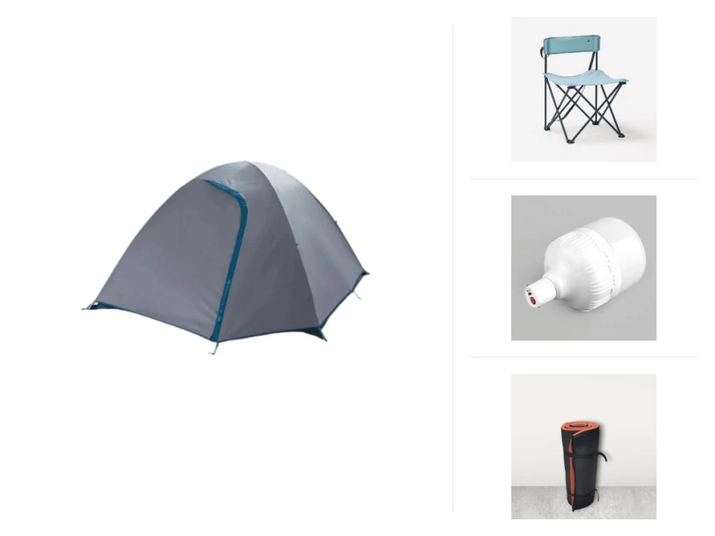 Pack Duo Confort — contenu réel : 1× Tente de camping – MH100 – 3 places, 2× Chaise de Camping sans accoudoir, 1× Lampe de Camping LED – Blanc, 2× Matelas Mousse, 2× Sac de couchage pour le camping