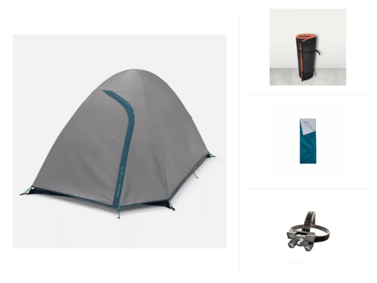 Pack Duo Essentiel — contenu réel : 1× Tente de camping – MH100 – 2 Places, 2× Matelas Mousse, 2× Sac de couchage pour le camping, 1× Lampe Frontale