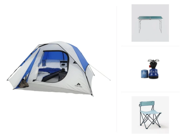 Pack Famille Confort — contenu réel : 1× Tente de camping Familiale OZARK – 4 personnes, 1× Table de Camping Pliante 4 à 6 Personnes, 1× Réchaud de camping, 4× Chaise de Camping sans accoudoir, 1× Lampe de Camping LED – Blanc, 4× Matelas Mousse, 1× G