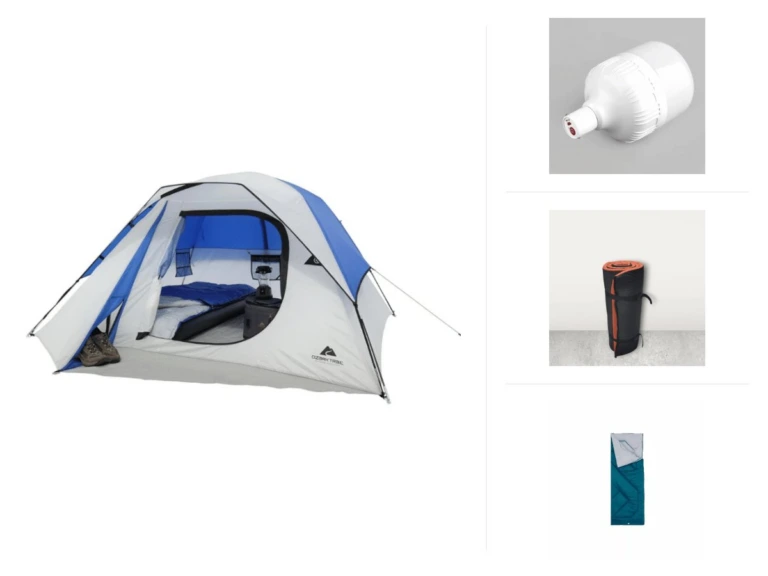 Pack Famille Nature — contenu réel : 1× Tente de camping Familiale OZARK – 4 personnes, 1× Lampe de Camping LED – Blanc, 4× Matelas Mousse, 4× Sac de couchage pour le camping