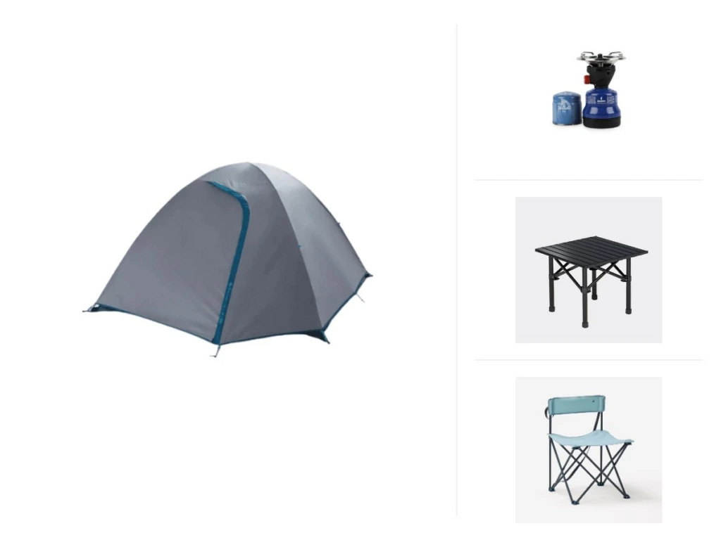 Pack Weekend Confort — contenu réel : 1× Tente de camping – MH100 – 3 places, 1× Réchaud de camping, 1× Table pliante portable pour camping – 2 personnes, 2× Chaise de Camping sans accoudoir, 1× Lampe de Camping LED – Blanc, 2× Matelas Mousse, 1× Gla