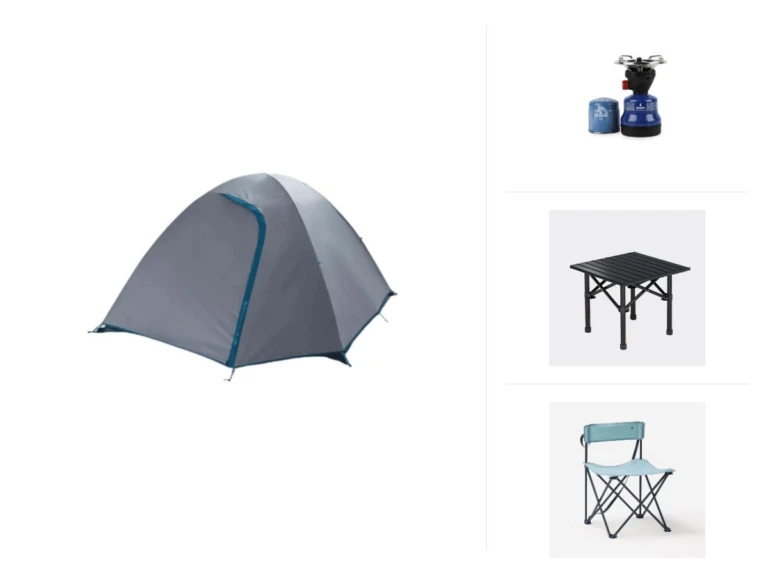 Pack Weekend Confort — contenu réel : 1× Tente de camping – MH100 – 3 places, 1× Réchaud de camping, 1× Table pliante portable pour camping – 2 personnes, 2× Chaise de Camping sans accoudoir, 1× Lampe de Camping LED – Blanc, 2× Matelas Mousse, 1× Gla